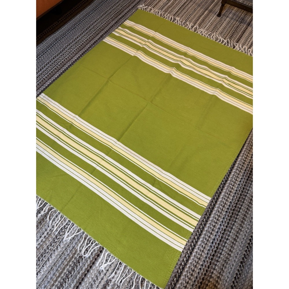 Pottery Barn Lime Green Striped Cotton Throw Blanket with Fringe 50x60
